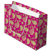 Paisley-patroon, Soft Gold op Deep Fuchsia Pink Groot Cadeauzakje (Voorkant Gekanteld)
