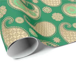 Paisley-patroon, Soft Gold op Emerald Green Cadeaupapier