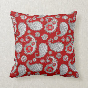 Paisley-patroon, zilver grijs / grijs op diep rood kussen