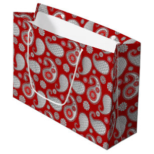Paisley-patroon, zilver grijs / grijs op diep rood large cadeautasje
