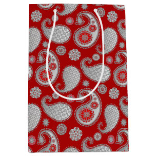 Paisley-patroon, zilver grijs / grijs op diep rood medium cadeauzakje