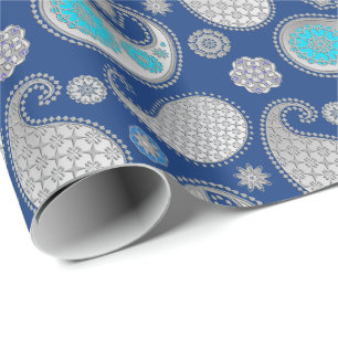 Paisley-patroon, zilver grijs / grijs op kobalt bl cadeaupapier