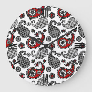 Paisley-patroon, zwart, wit en rood grote klok