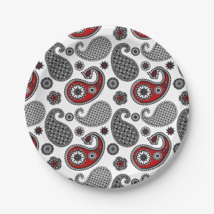 Paisley-patroon, zwart, wit en rood papieren bordje