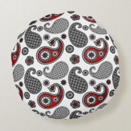 Paisley-patroon, zwart, wit en rood rond kussen