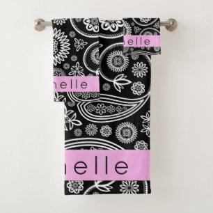 Paisley Pattern, Black and White, Jouw naam Bad Handdoek