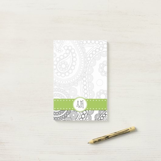 Paisley Pattern, Black and White, Monogram Post-it® Notes (Op bureau)