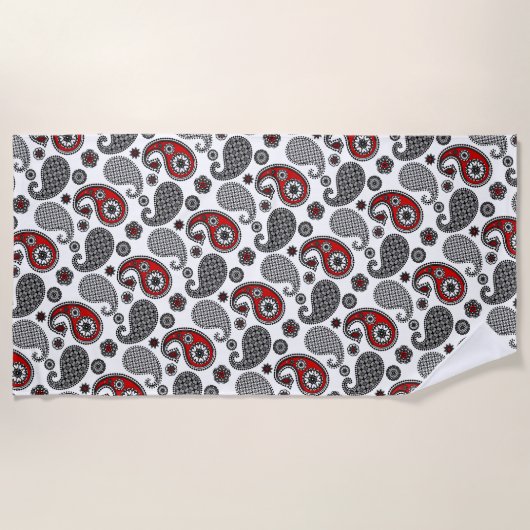 Paisley Pattern, Black, White en Red Strandlaken (Voorkant)