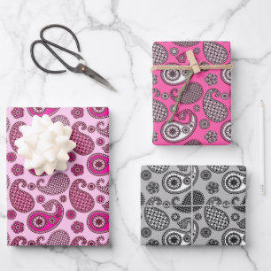 Paisley Pattern, Fuchsia Pink en Grey Inpakpapier Vel