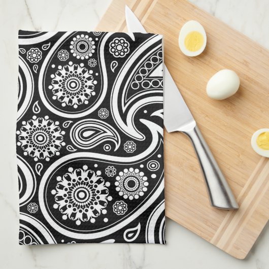 Paisley Pattern, Persian Paisley, Black and White Theedoek (Quarter Fold)