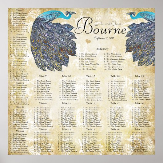 Paisley Peacock Colors Reception Seining Chart Poster (Voorkant)