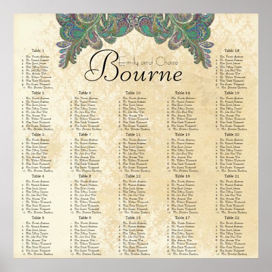 Paisley Peacock Colors Reception Seining Chart Poster (Voorkant)