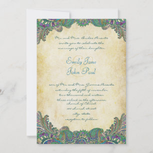 Paisley Peacock Colors Wedding Invitations Kaart