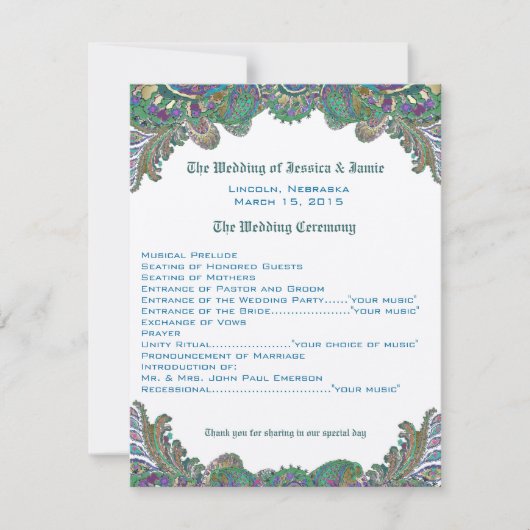 Paisley Peacock Colors Wedding Programme Kaart (Voorkant)