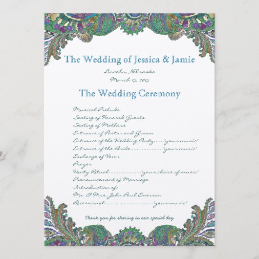 Paisley Peacock Colors Wedding Programme Programma (Voorkant)