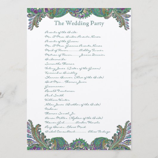 Paisley Peacock Colours Programme de mariage (Dos)