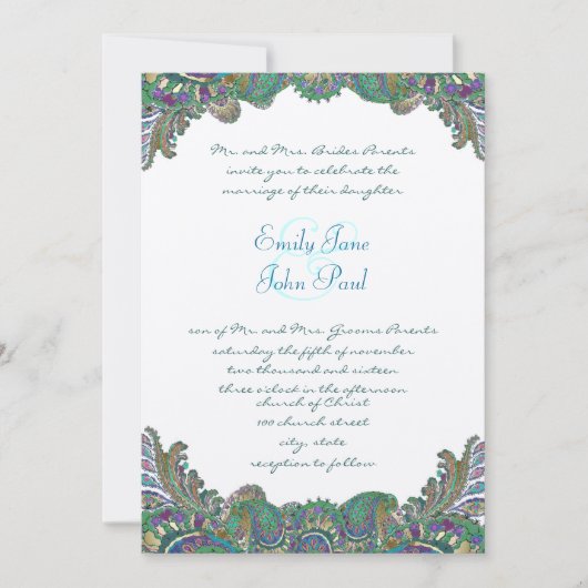 Paisley Peacock Couleurs Mariage Invitations (Devant)