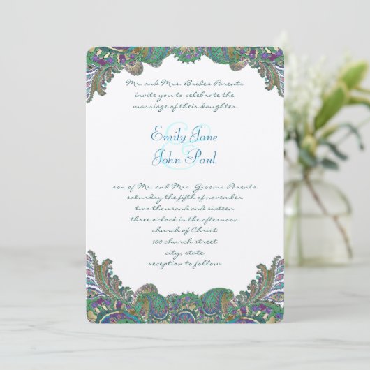 Paisley Peacock Couleurs Mariage Invitations (Debout devant)