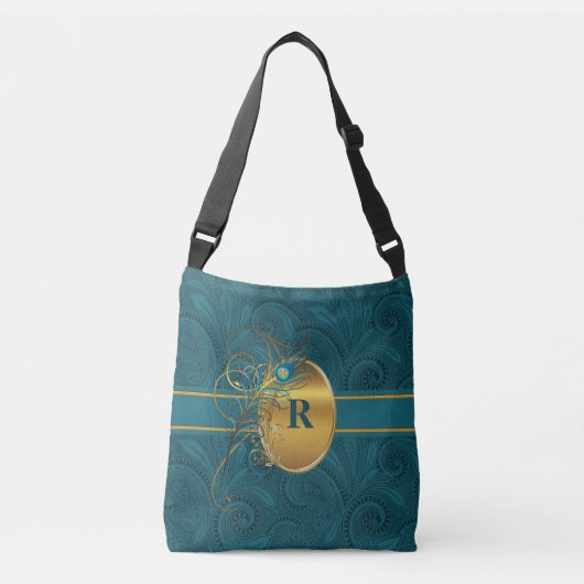 Paisley Peacock met Monogram in Blauwgroen en Goud Crossbody Tas (Voorkant)