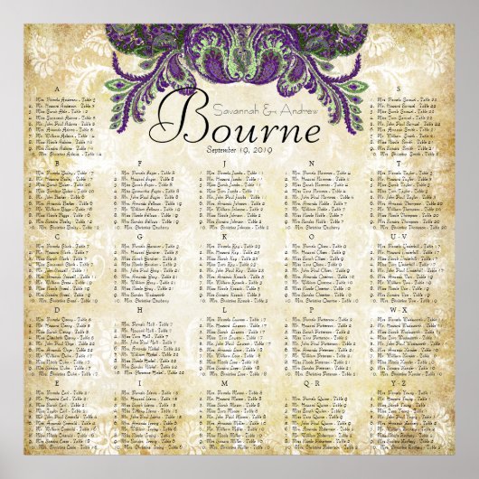 Paisley Peacock Paars Gold Wedding Seating Chart Poster (Voorkant)