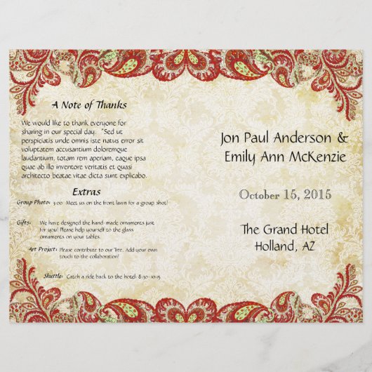  Paisley Peacock Red Wedding Programme (Voorkant)