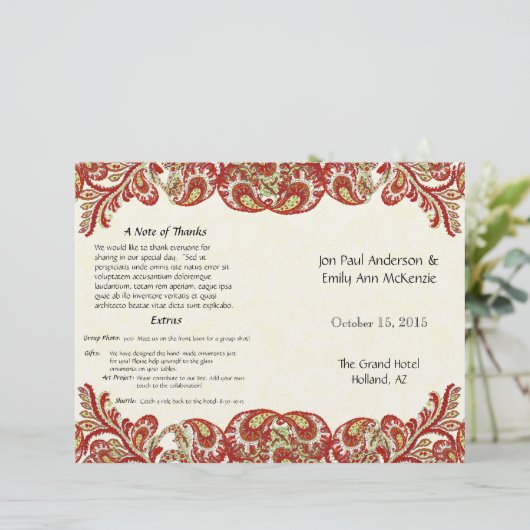  Paisley Peacock Red Wedding Programme (Staand voorkant)