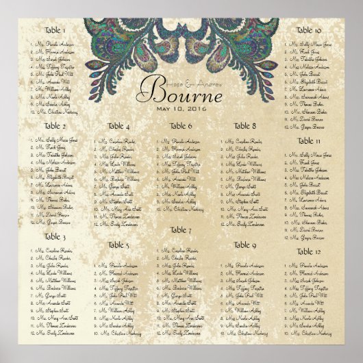  Paisley Peacock Zitkaart 12 Tafels Poster (Voorkant)