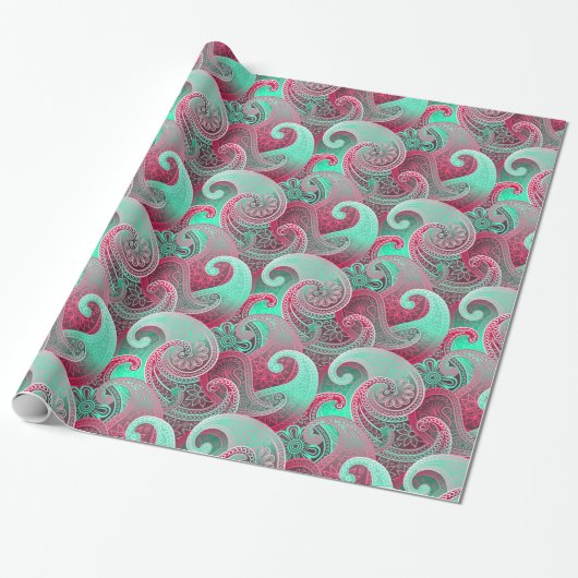 Paisley Pink en Aqua Damask Pattern Cadeaupapier (Uitgerold)