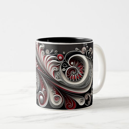 Paisley Swirl Rood, Zilver en Wit 2 mok (Voorkant rechts)