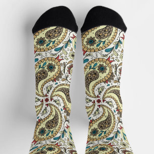 Paisley vogels in geel/ bruin en wit sokken