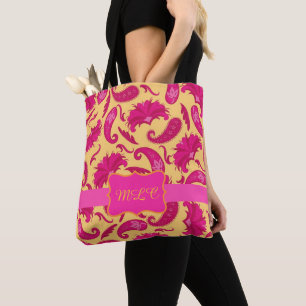 Paisley Yellow Bright roze Monogram personaliseren Draagtas