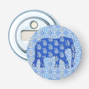 Paisleyolifant - kobaltblauw en wit button flesopener
