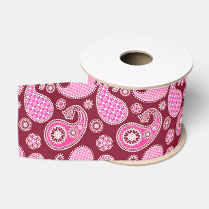 Paisleypatroon, Bourgondië, Roze en Wit Grosgrain Lint