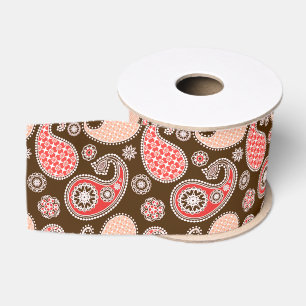 Paisleypatroon, koraal- en chocoladebruin grosgrain lint