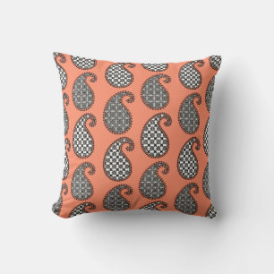 Paisleypatroon, koraal oranje, zwart-wit buitenkussen