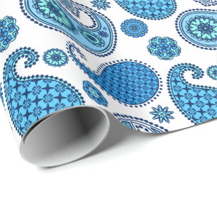 Paisleypatroon, tinten blauw op wit cadeaupapier