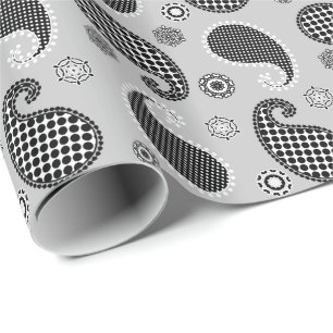 Paisleypatroon, zilvergrijs, zwart en wit cadeaupapier