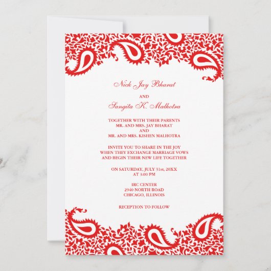 Paisleys Elegant Indian Wedding Flat Invitation Kaart (Voorkant)