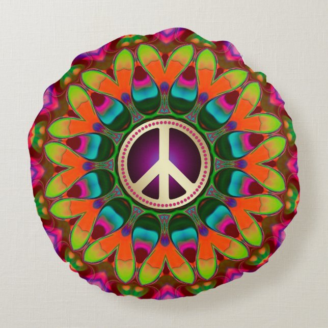 Paix et Amour (v1) Coussin Rond Homely Hippie (Dos)