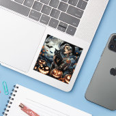 Pak een bezem | Heksenthema Halloweenfeest Sticker (Laptop met iPhone)