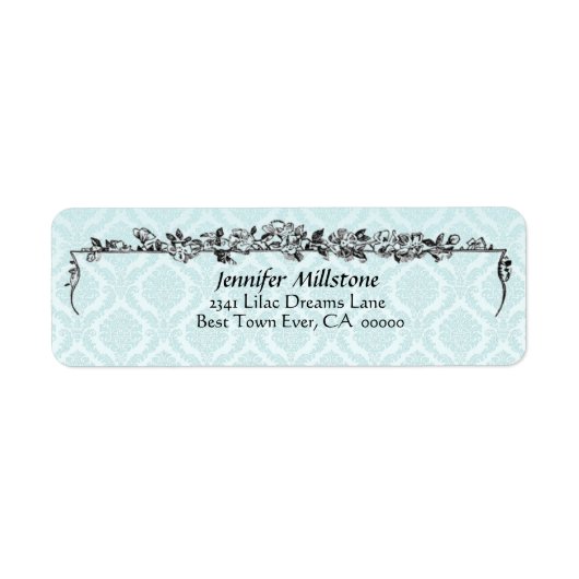 Pale Aqua Blue Damask and Flowers Étiquette de adr (Devant)