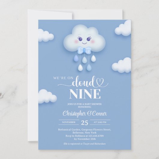 Pale bleu nuage neuf garçon invitation baby shower (Devant)