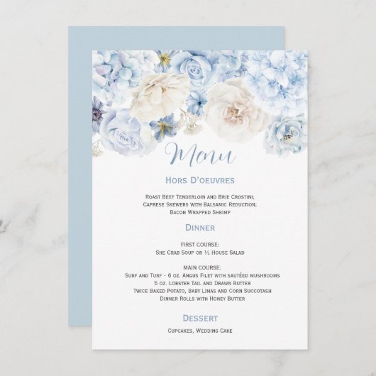 Pale Blue and White Floral Mariage Menu (Devant / Derrière)