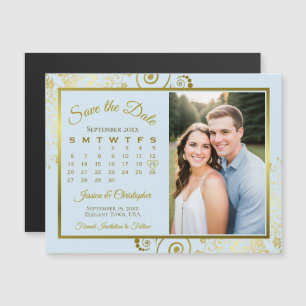 Pale Blue & Gold Kalender Foto Bewaar Datum Magnee Magnetische Uitnodiging