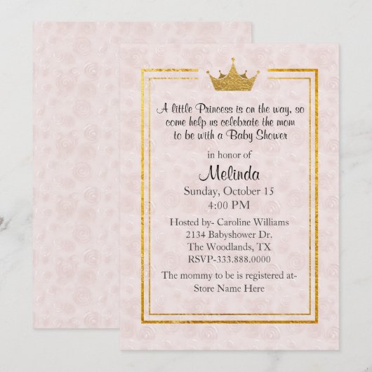 Pale Blush avec Gold Crown Baby shower Invitation (Devant / Derrière)