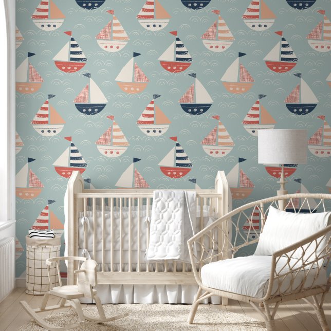 Pale Green Nautical Seamless Pattern Wallpaper Behang (Kinderen)