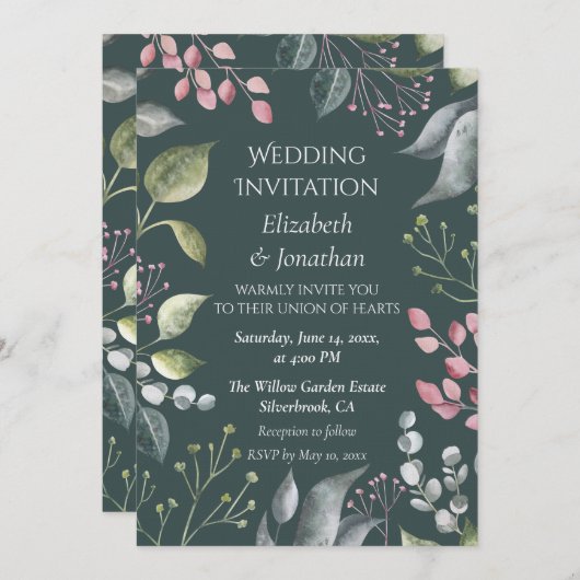 Pale Grey & Red Leaves Custom Wedding Invitation Kaart (Voorkant / Achterkant)
