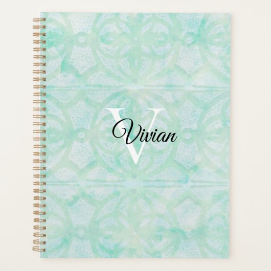 Pale Jade Green Batik Élégant Nom du monogramme (Devant)