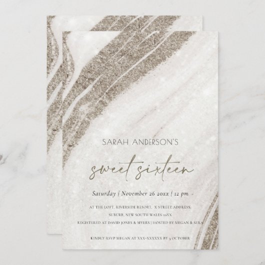 Pale Or Marbre Agate Douce 16 Invitation d'anniver (Devant / Derrière)