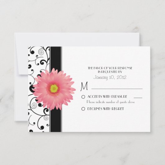 Pale Pale Gerbera Daisy Black Scroll Design RSVP (Devant)